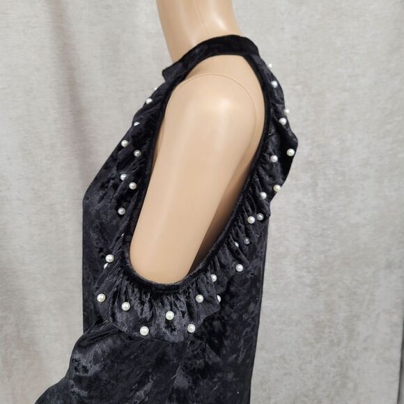 Desfios Black Crushed Velvet Velour Cold Shoulder Long Sleeve Top - Picture 4 of 8